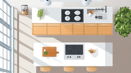 An overhead view of the interior of a home kitchen featuring a bar island and a cooking cabinet close to a window