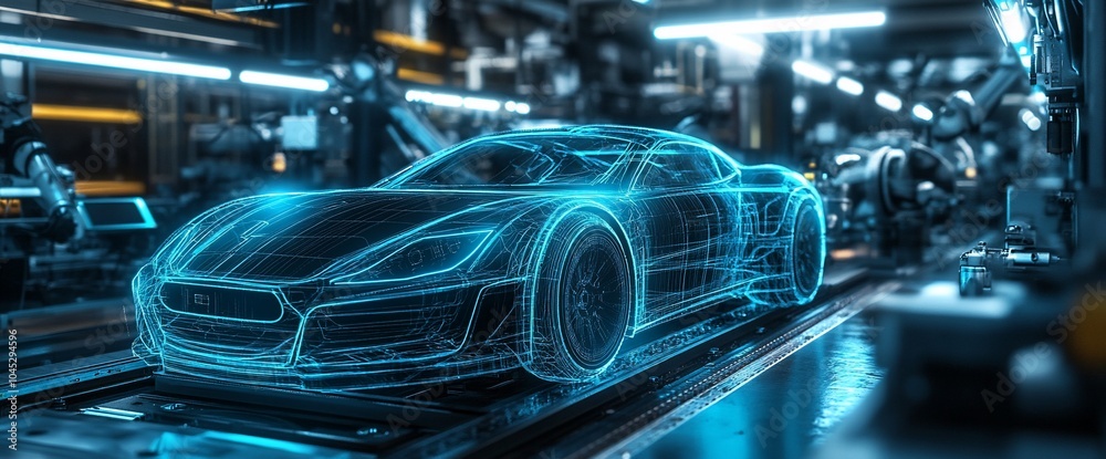 Poster a futuristic car is being assembled on a production line in a factory. the car is made of glowing bl