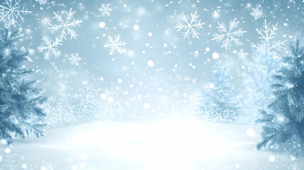 A serene winter background with flat design snowflakes and pine trees, arranged symmetrically on a soft blue canvas, creating a peaceful winter scene