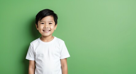 southeast asian kid boy green background wearing plain white tshirt smiling happy portrait