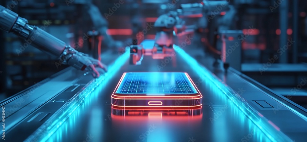 Aufkleber A futuristic factory assembly line with a robotic arm reaching towards a glowing smartphone on a conveyor belt.