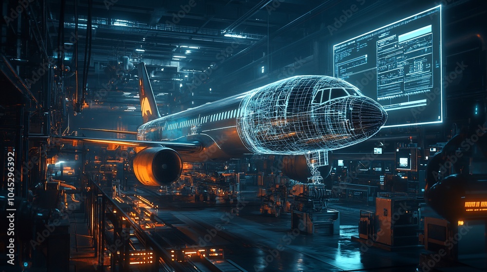Fototapete A futuristic factory setting with an airplane on an assembly line. The airplane is rendered in a wireframe style, highlighting its digital design.
