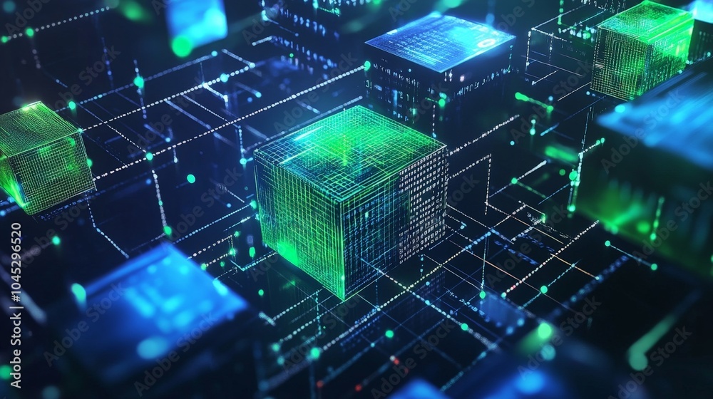 Poster an abstract blockchain design, with blue and green cubes connected by bright lines, surrounded by da