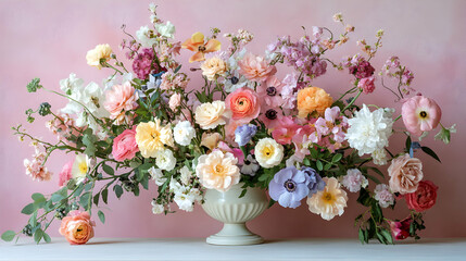 Elegant Flower Arrangement of Pastel-Colored Blooms in a Soft, Serene Display