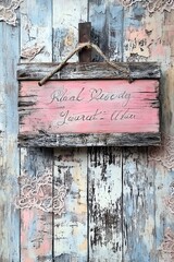 Fototapeta premium Rustic handcrafted wooden sign with delicate pink finish and elegant script in a charming country setting