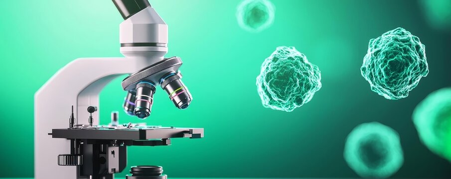 Nanosensors interacting with biological samples, seen under a microscope, with minimalist lab decor and glowing soft green and blue tones enhancing the scene