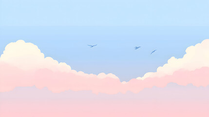 Fototapeta premium A soft gradient anime background transitioning from pastel pink to soft blue, with clouds and birds in the distance, creating a peaceful sky scene