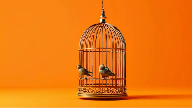 Closed decorative bird cage. 3d render on orange background