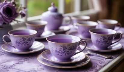 purple tea cups and saucers are sitting on a purple table