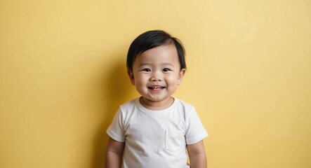 southeast asian toddler boy yellow background wearing plain white tshirt smiling happy portrait