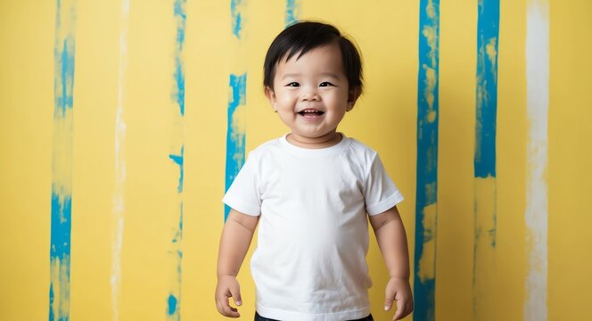 southeast asian toddler boy yellow background wearing plain white tshirt smiling happy portrait