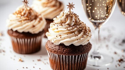 New Year 2025 champagne cupcakes with sparkling toppers, perfect for celebrations, isolated on white background