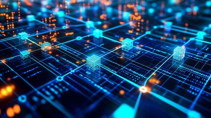 Fototapeta premium A 3D-rendered visualization of a blockchain network, with interconnected blocks glowing in blue and green, surrounded by data points and binary code, symbolizing secure digital transactions