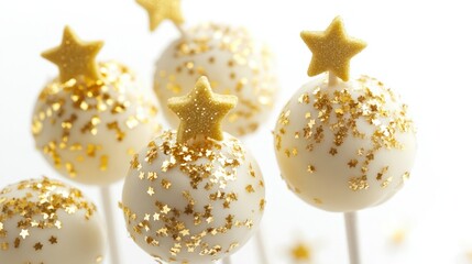 New Year Eve cake pops with edible gold glitter and star-shaped toppers, isolated on white background