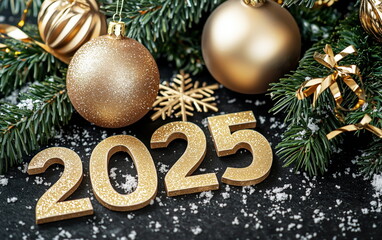 Golden 2025 New Year Decorations with Baubles and Fir Branches