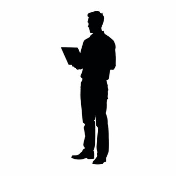 recommend clip art: A handsome man standing with laptop vector silhouette