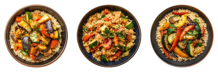 Dishes of Couscous with Sautéed Vegetables, Isolated on Transparent Background, Suitable for Mediterranean Recipe Books, Healthy Food Menus