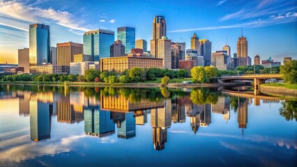 Obraz premium Cityscape of Minneapolis reflecting on the Mississippi River at sunset