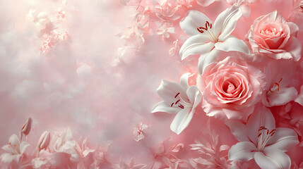 Fototapeta premium Romantic Floral Design Featuring Roses and Lilies on a Soft Pastel Background