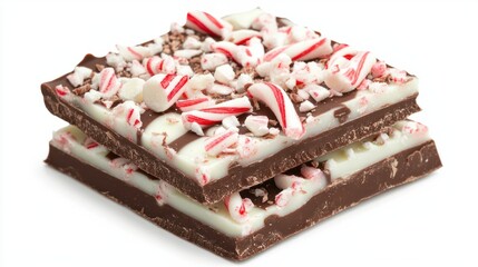 Peppermint bark with white and dark chocolate layers, topped with crushed candy canes, isolated on white background