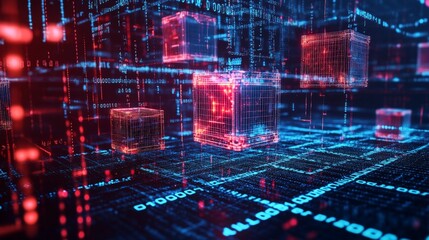 A blockchain visualization with glowing cubes linked by digital chains, set against a dark background filled with binary code and data points, illustrating the security of decentralized technology