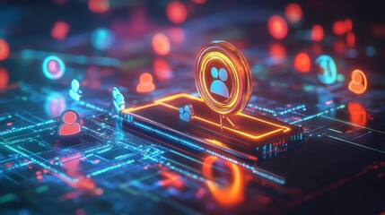 A business magnet attracting diverse customer icons towards it, set in a high-tech environment with glowing data lines and futuristic elements, illustrating modern customer acquisition
