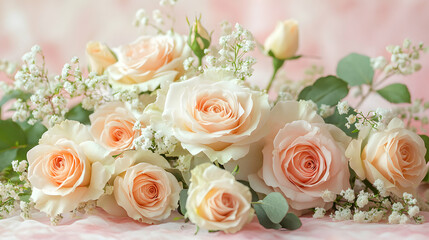 Obraz premium Romantic Pastel Floral Arrangement on Soft Pink Background with Delicate Blooms and Greenery