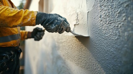 A close-up of a workman plasterer applying smooth plaster to a wall with a trowel, fine details of the texture visible, with soft-focus background creating ample copy space