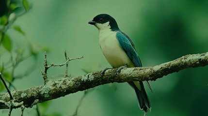 A Vibrant Bird Perched on a Branch in a Lush Green Forest During the Early Morning Light