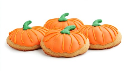 Pumpkin-shaped cookies with bright orange icing and green stems, isolated on white background