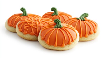Pumpkin-shaped cookies with bright orange icing and green stems, isolated on white background