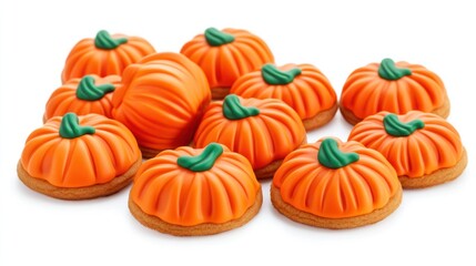 Pumpkin-shaped cookies with bright orange icing and green stems, isolated on white background
