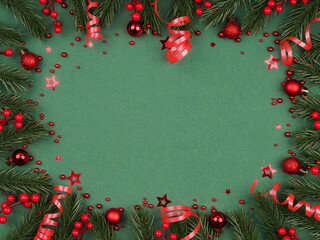 christmas background fir and balls on green