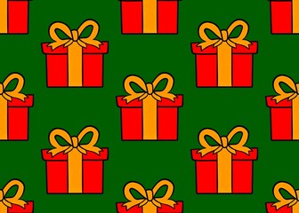 Seamless, colorful pattern with gifts. Pattern with holiday gifts. Gift box on a green background. Festive background.