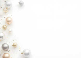 White background features Christmas decorations with baubles in a single isolated frame of sparkling ornaments.
