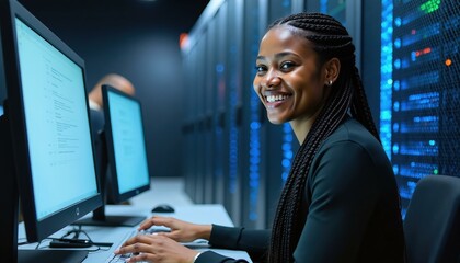 Smiling African American female programmer working late at night in a server room, concept of technology, innovation, and hard work.