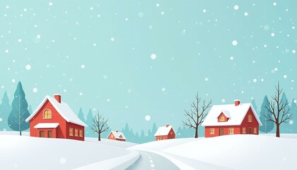 Cozy Winter Village Scene, Snowy Houses on a Winding Road, Christmas Holiday Background Illustration.