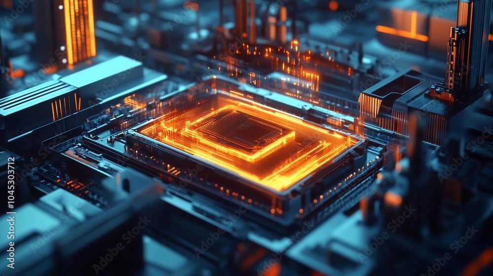 Aufkleber A glowing CPU chip sits at the center of a circuit board, surrounded by intricate circuitry.