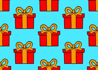 Seamless, colorful pattern with gifts. Pattern with holiday gifts. Gift box on a blue background. Festive background.