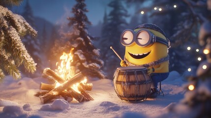 Happy Minion Playing Drums by a Cozy Campfire in Snowy Forest, Cheerful Winter Vibes and Fun Moments