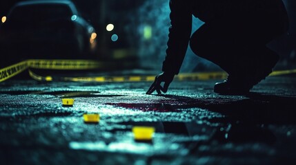 A close-up view of a crime scene with a bloodstained floor, yellow evidence markers, and police tape, with a detective kneeling to inspect a crucial clue, in a dark, moody setting