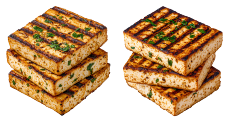 Grilled Tofu Slices Stacked Neatly, Isolated on Transparent Background, Perfect for Vegan Recipe Promotions, Healthy Meal Prep Guides, and Plant-Based Food Branding