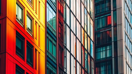 Obraz premium Vibrant city buildings with colorful reflections in the glass outside. A modern urban scene full of energy and design.