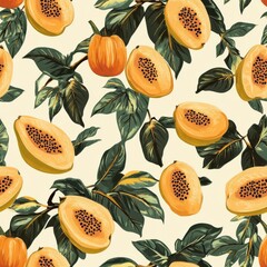 Vintage Papaya pattern on vintage beige fabric background, seamless repeating pattern, textile print style, minimal, tropical fruit design, exotic decor, textiles
