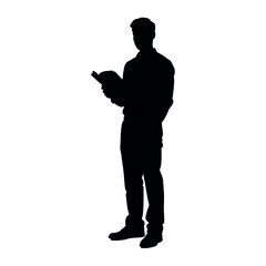 A silhouette of a woman standing and holding a book isolated white background