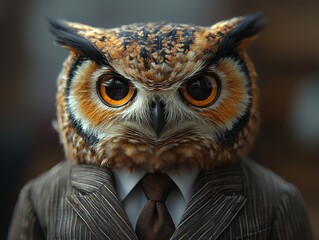 Close-up of an anthropomorphic owl in a pinstripe suit, showcasing knowledge and sophistication for educational content and advisory roles. Detailed view of suit and owl.