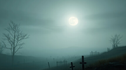 haunting scene of dread in graveyard with tombstones under full moon, surrounded by mist and barren trees, evokes chilling atmosphere