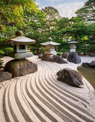 Fototapeta premium Peaceful Zen Garden with Raked Sand, Stone Lanterns, and Tranquil Water Features 