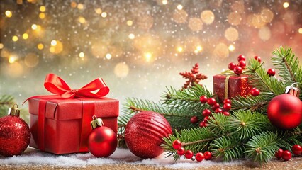 Christmas aerial shot with festive fir branches, red gift boxes, decorations, and sparkles