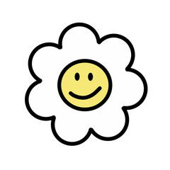 White smiling daisy chamomile flower. Groovy retro icon set. 60s, 70s hippie psychedelic style. Trendy graphic print. Sunny template. Flat design. Isolated. Vector illustration